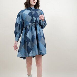 Carleen diamond patchwork denim puff-sleeve dress